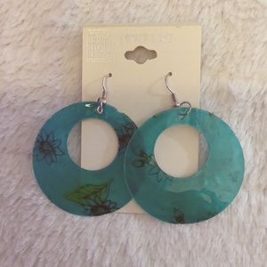 Dark Teal with Flower Print Shell Earrings